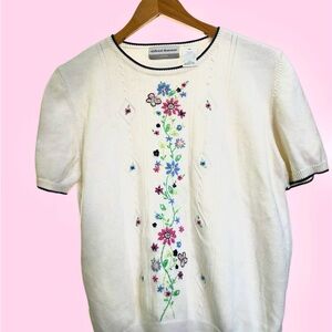 Alfred Dunner Cream Floral Embroidered Short Sleeve Tee